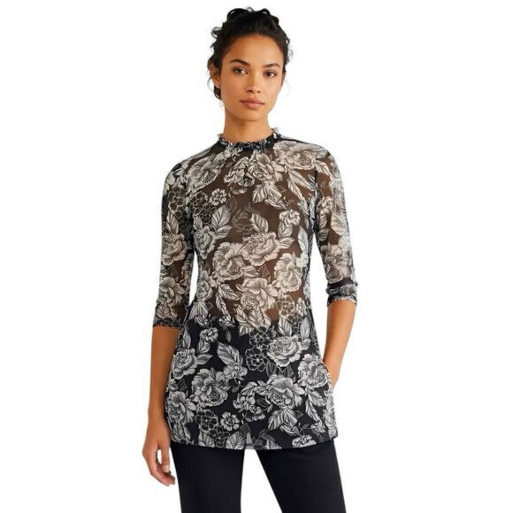 Womens Blouse Top Size Medium Mesh Sheer High Neckline Floral Print Ruffle Black
